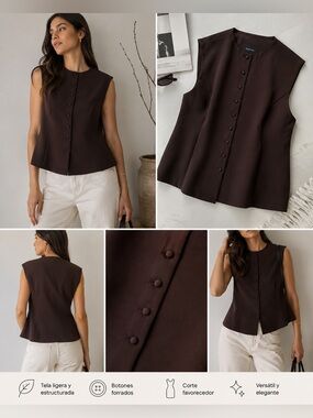 Massimo Dutti Sleeveless Button-Front Peplum Top - Chocolate Brown